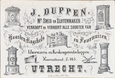 710609 Visitekaartje van J. Duppen, Mr. Smid en Slotenmaker, IJzerwaren en Keukengereedschappen, Haverstraat, E. 143 te ...